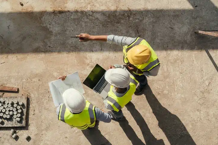 Workers going over plans together in a positive work environment.