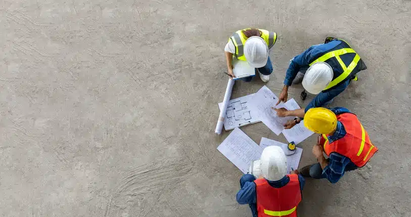 Crew planning out their goals with blue prints and sheets.