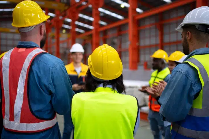 Leader in factory coaching for growth with employees on work site.