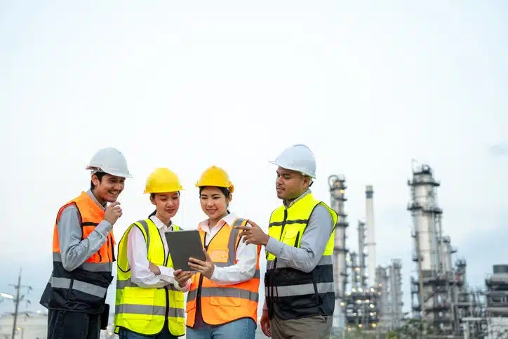 Group management training at oil field site.