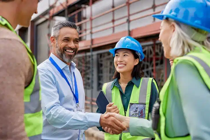 employee recognition on work site with handshake.
