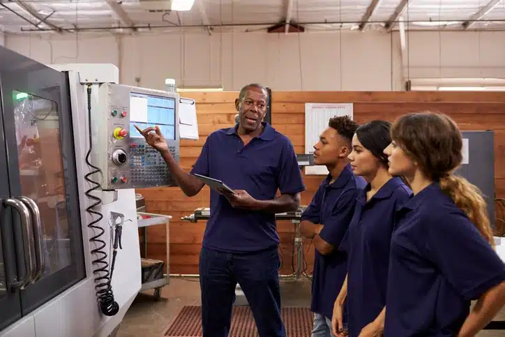Building trust with co workers as a leader trains them on equipment usage.