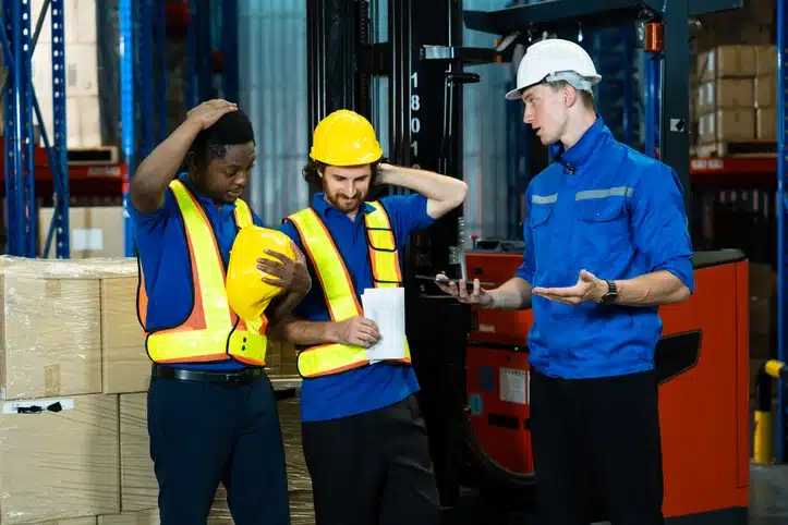 Manager with employees having difficult conversation in factory station.