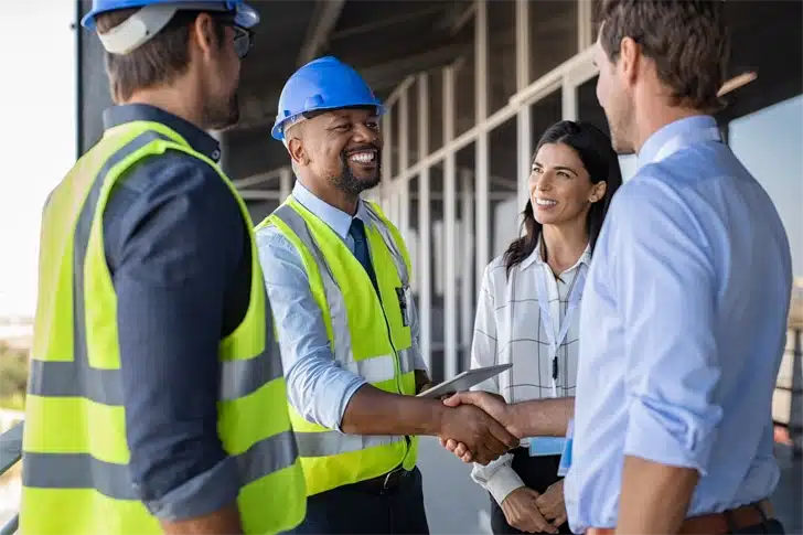 Coworkers shaking hands on a job site