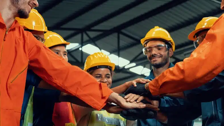 Teamwork and collaboration as co workers huddle in with hands in pile.