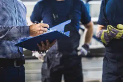 Blue Collar manager holding clipboard, giving timely feedback