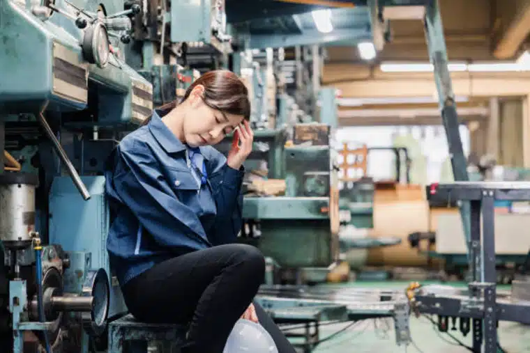 Tired blue collar worker kneeling in factory, due to poor management leading to high turnover reates