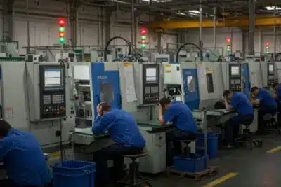 Row of factory workers in blue uniforms sitting at machines, many with heads in hands, showing stress in a manufacturing plant.