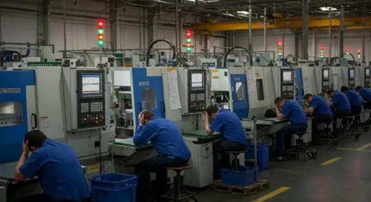 Row of factory workers in blue uniforms sitting at machines, many with heads in hands, showing stress in a manufacturing plant.