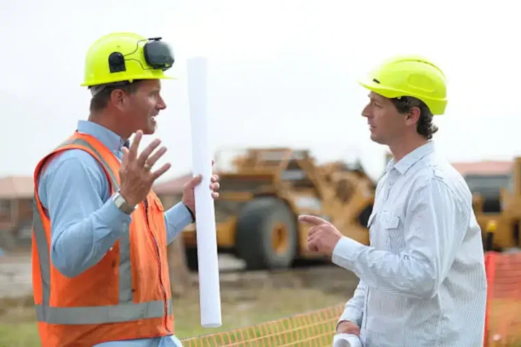 Two construction managers wearing hard hats discuss blueprints at a worksite with heavy machinery in the background.