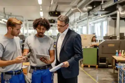Two factory workers review a part with a supervisor in a suit inside a modern manufacturing facility, using a tablet and documents.