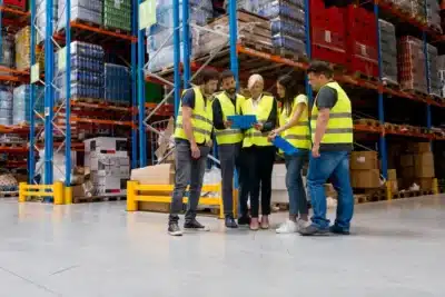 Warehouse employees in reflective safety vests gathered in a group meeting, reviewing documents and discussing safety procedures on the factory floor.