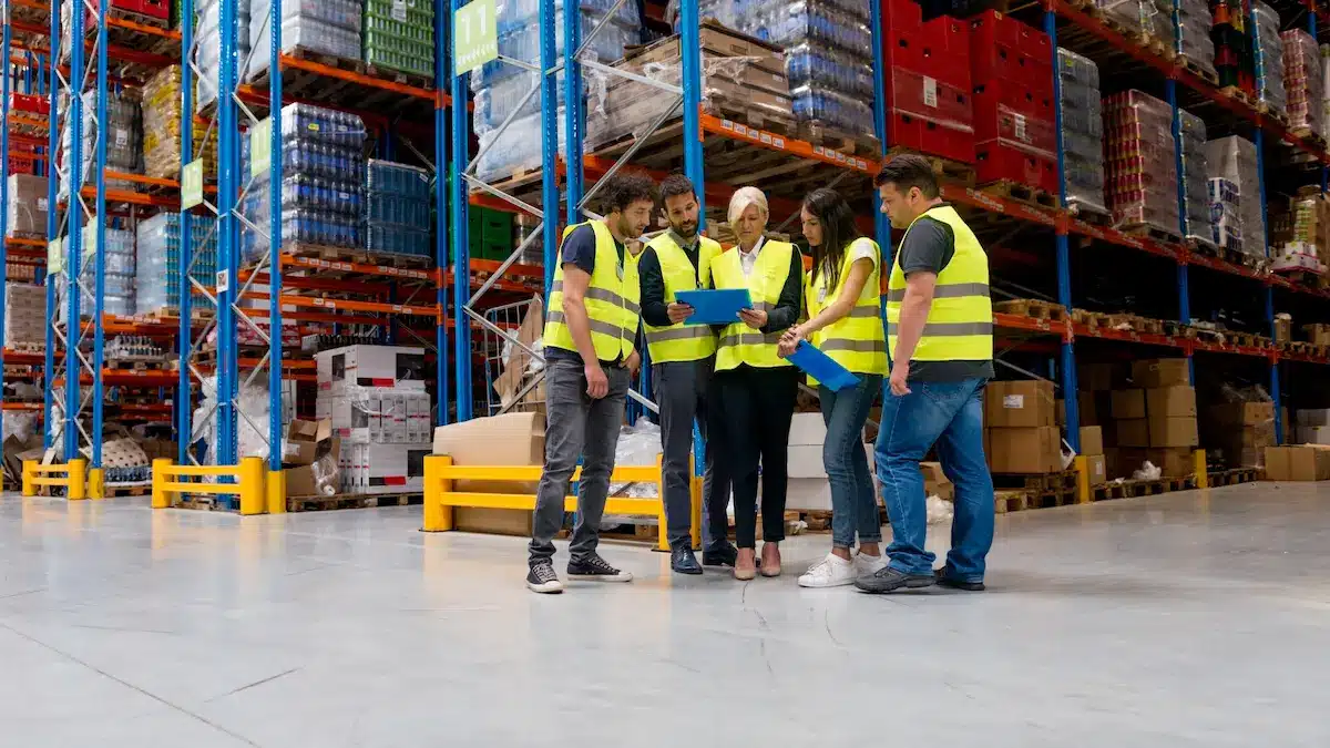 Warehouse employees in reflective safety vests gathered in a group meeting, reviewing documents and discussing safety procedures on the factory floor.