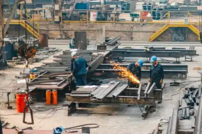 Manufacturing workers in hard hats cutting and welding large steel beams inside an industrial workshop with sparks flying.