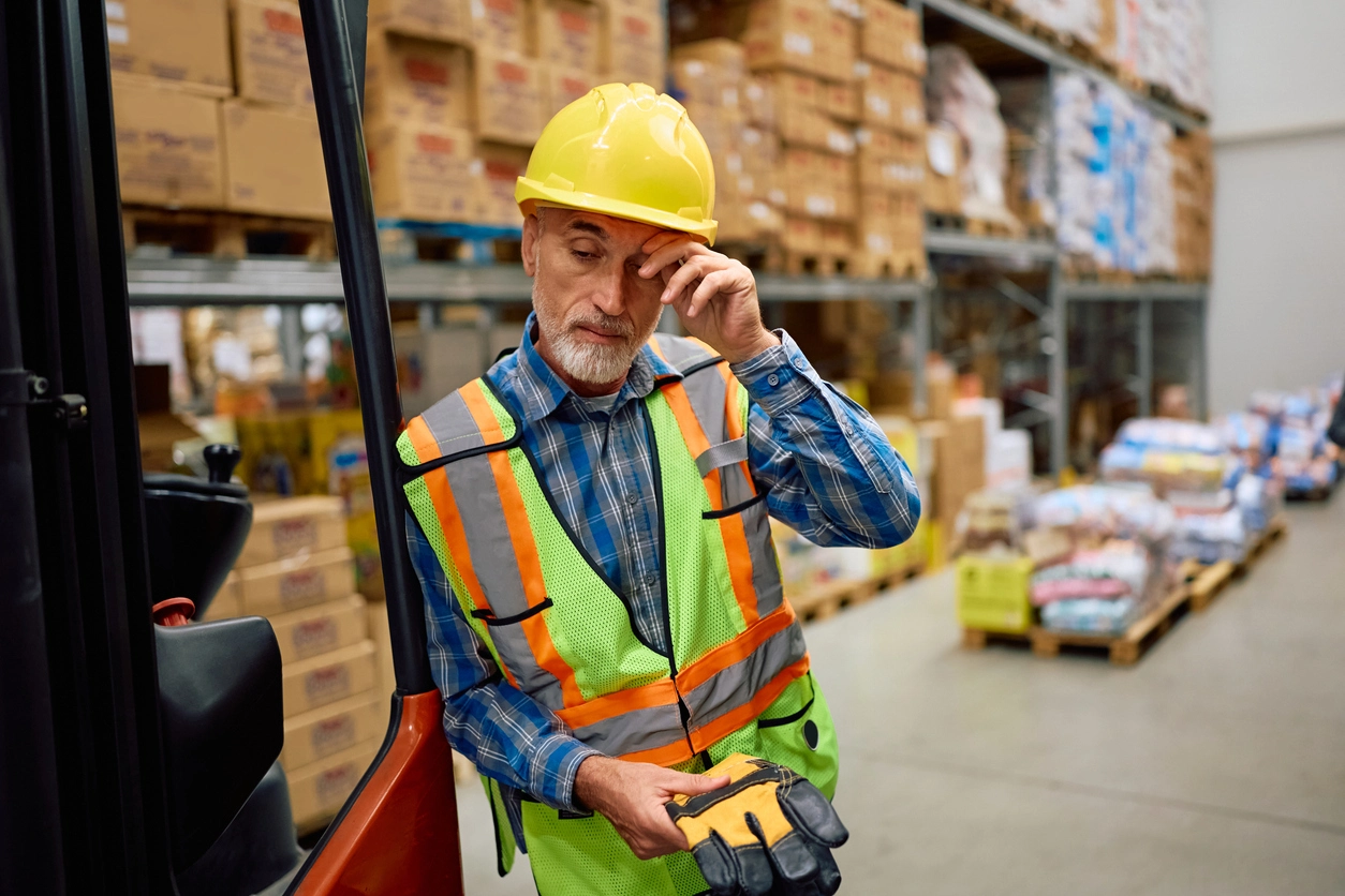 Stressed industrial worker in a safety vest sitting in a warehouse, holding a white hard hat with his head in his hand.