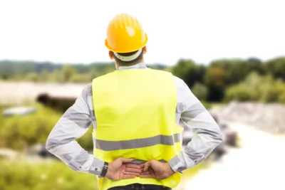 Construction supervisor in a hard hat and high-visibility vest stands with hands behind back, surveying a jobsite and planning next steps.