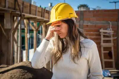 Construction supervisor in a hard hat stands on a jobsite with hand on forehead, appearing stressed beside framing and brickwork.