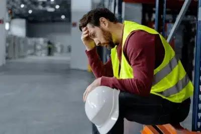 Stressed industrial worker in a safety vest sitting in a warehouse, holding a white hard hat with his head in his hand.