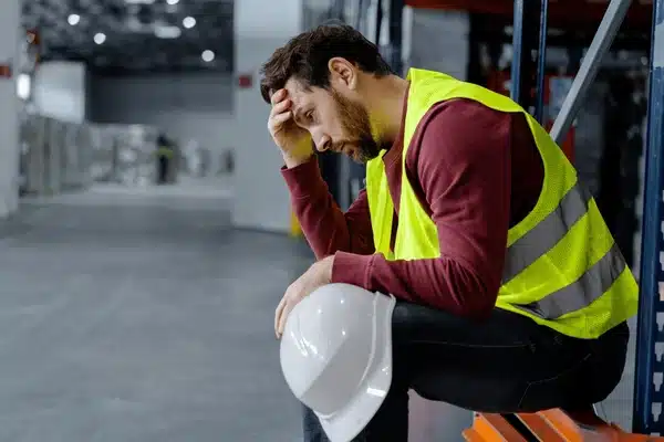 Stressed industrial worker in a safety vest sitting in a warehouse, holding a white hard hat with his head in his hand.