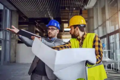 Construction supervisors in hard hats review blueprints inside a building under construction, pointing and discussing next steps.
