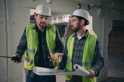 Construction supervisors in hard hats review blueprints inside a building under construction, pointing and discussing next steps.