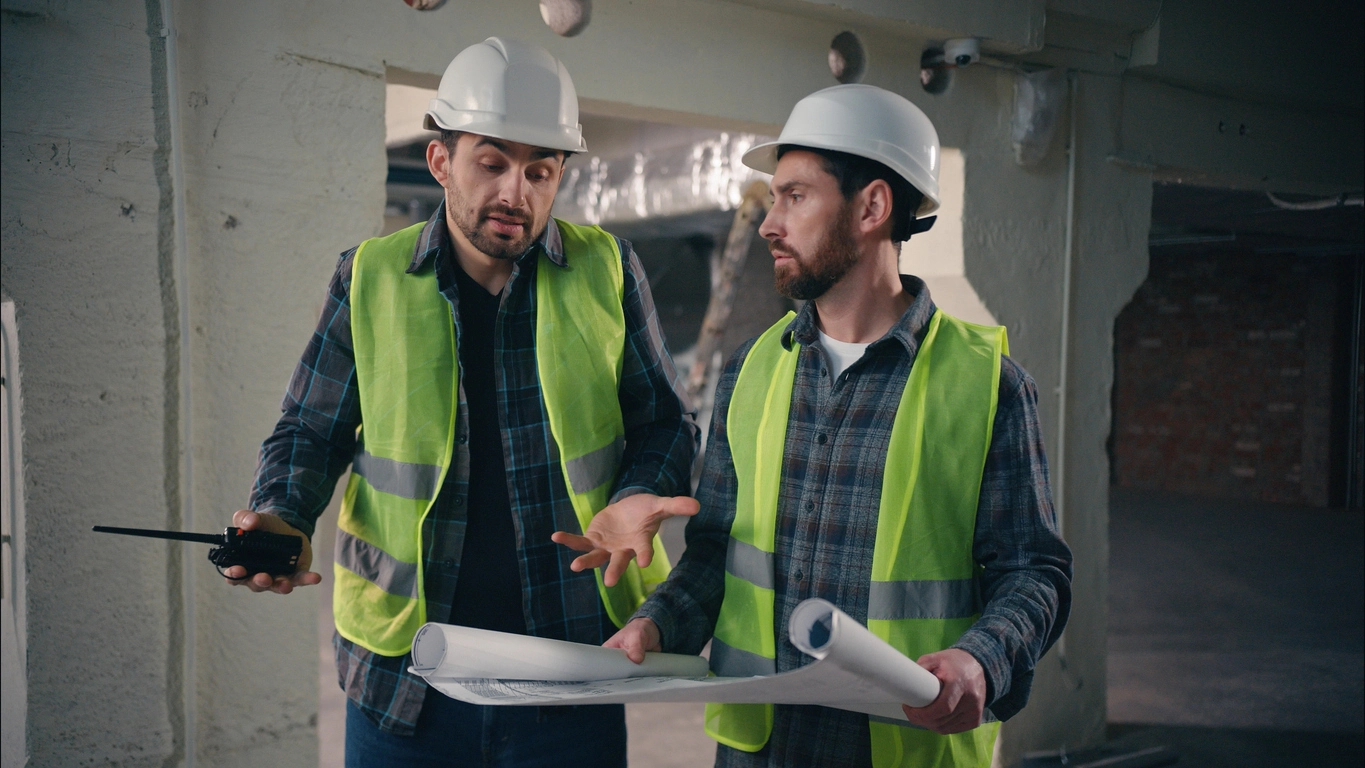 Construction supervisors in hard hats review blueprints inside a building under construction, pointing and discussing next steps.