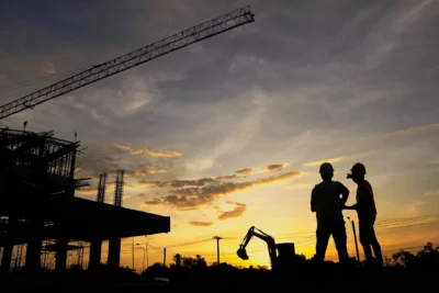 Two construction workers shown as black silhouettes standing on a construction site at sunset, with dramatic clouds filling the sky.