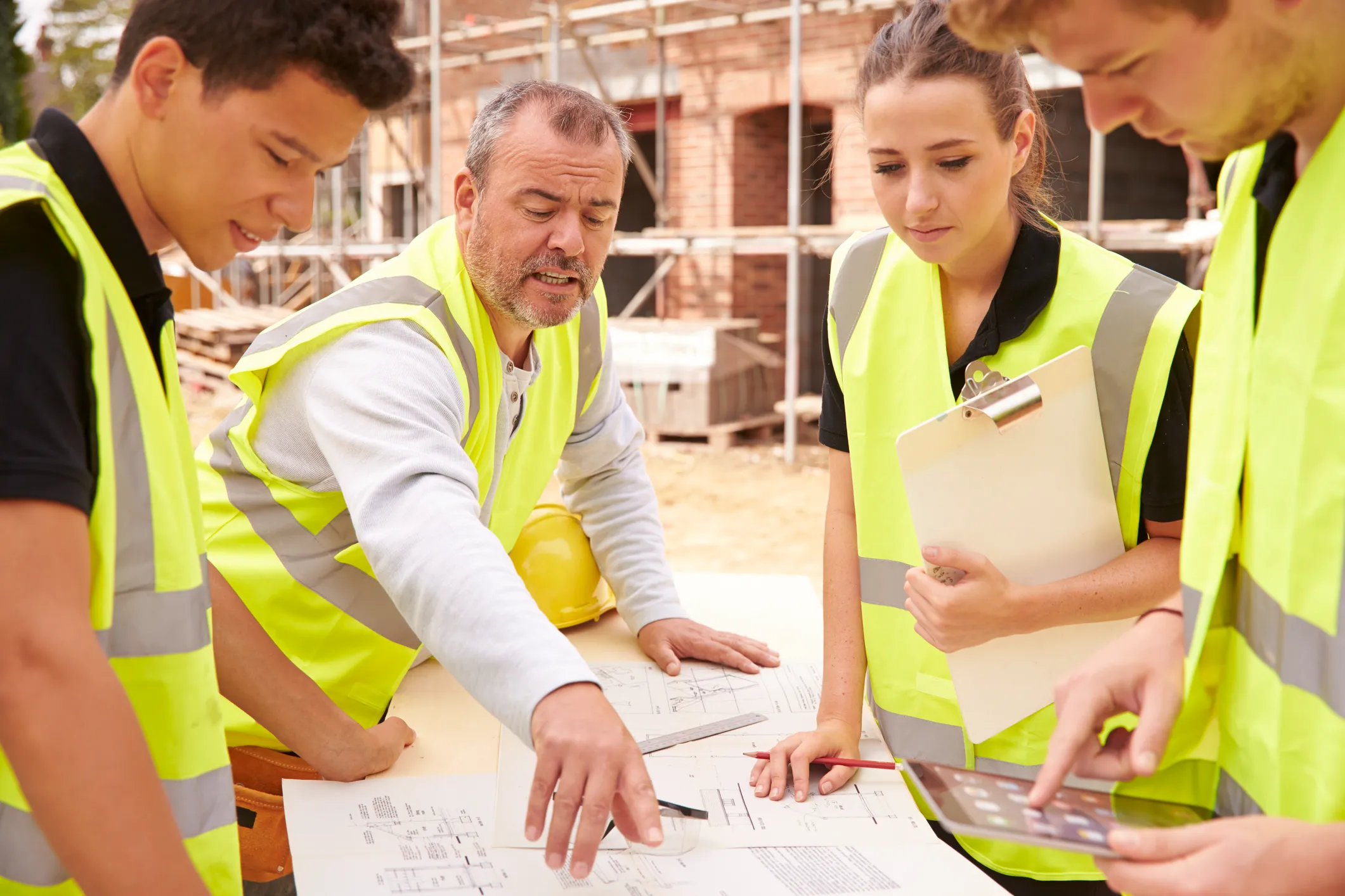 People in yellow construction vests stand around a work table during **Manufacturing Supervisor Training That Fits Your Floor**, with a half-constructed building visible in the background.