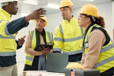 Frontline leadership training session with supervisors in safety gear discussing team leadership on a manufacturing floor