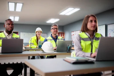 Supervisors in high-visibility safety vests attending frontline leadership training in a classroom with laptops and hard hats