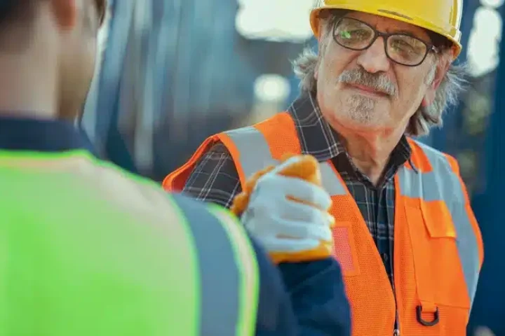 Workers in hard hats positively reacting to employee performance at worksite.