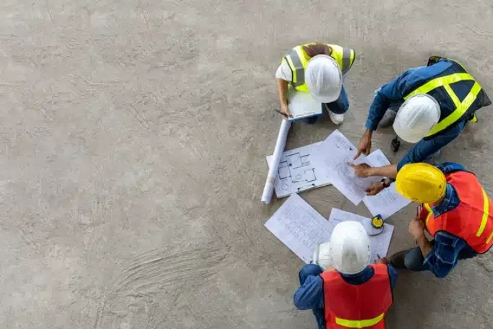 Crew planning out their goals with blue prints and sheets.