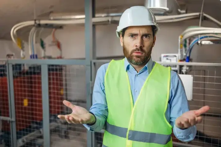 Upset employee in hard hat and reflective vest needing conflict resolution.
